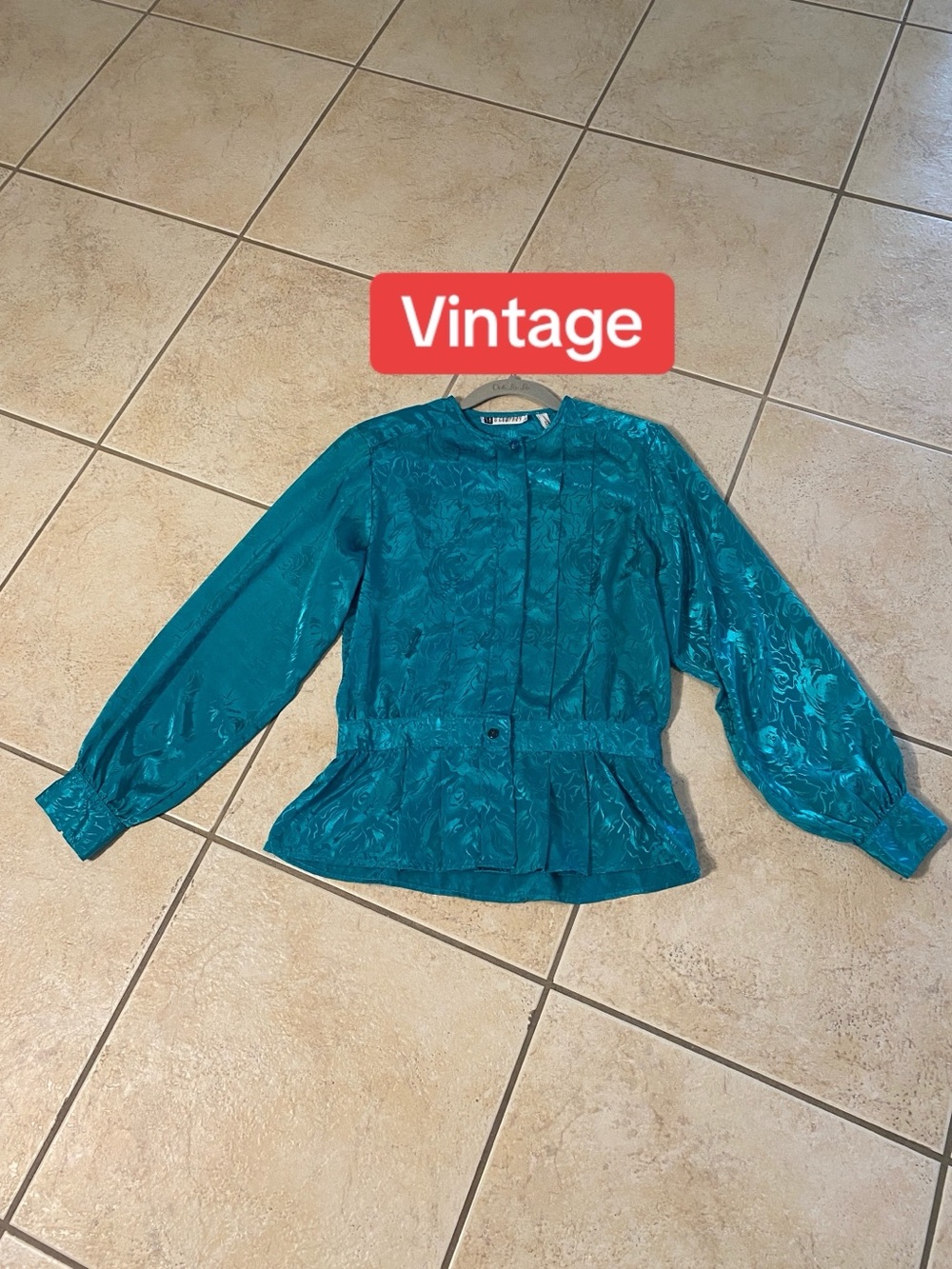 Vintage SK & Company Teal Long-Sleeve Satin Peplum Blouse